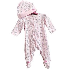 LITTLE ME 🐇🎀 Baby Girl Pink Bunnies Footed One-Piece & Hat Set NWOT | Size 6M